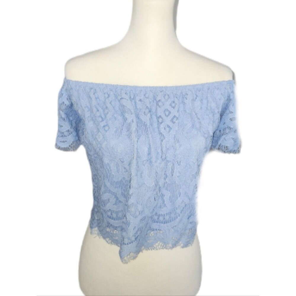 Express Light Blue Lace Off The Shoulder Cropped Blouse, S
